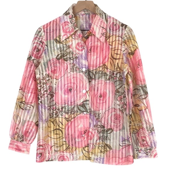 Montgomery Ward Tops - VTG 70s Montgomery Ward Floral Striped Sheer Blouse Women's Sz M‎ Pink Button Up